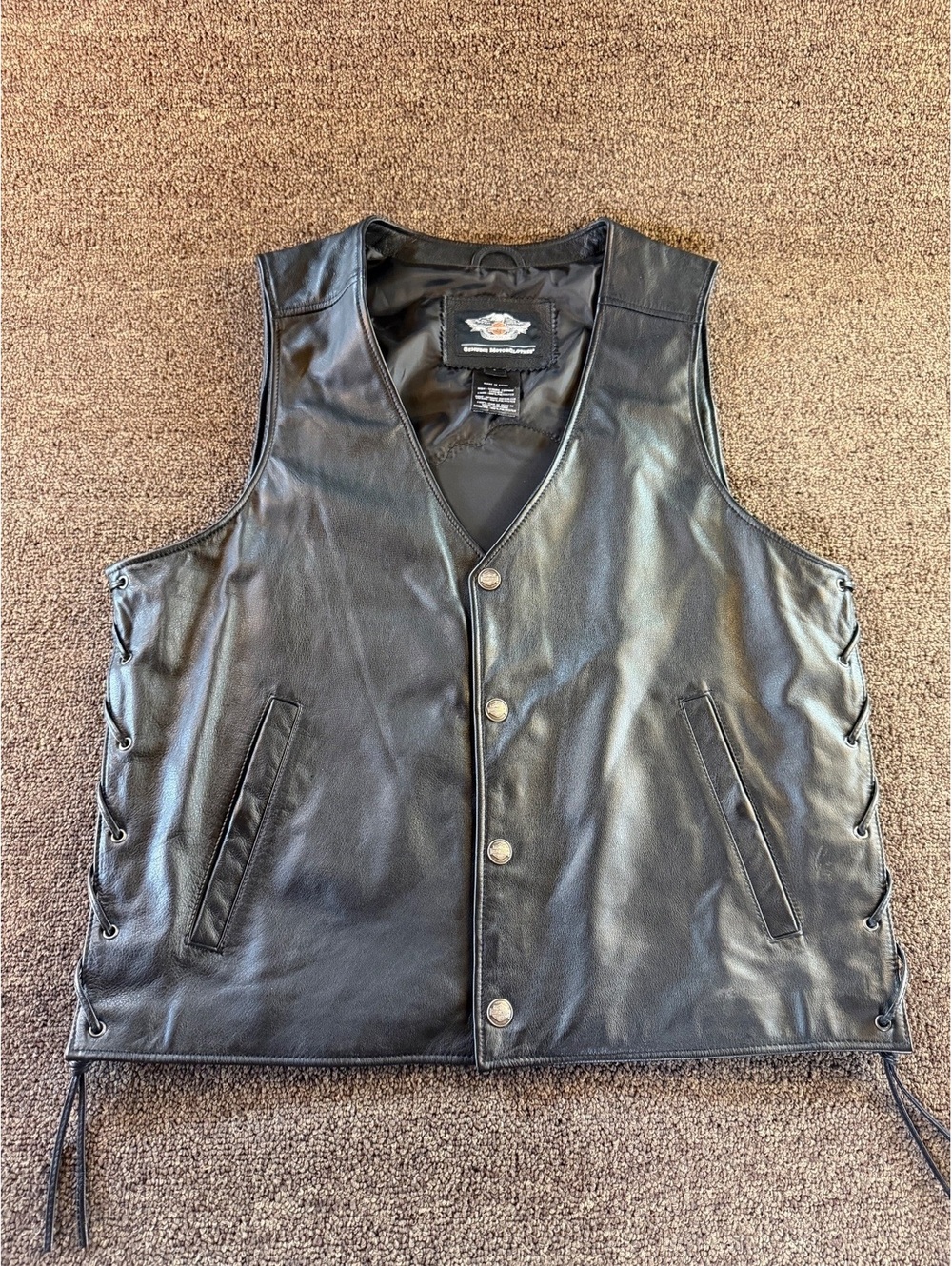 Harley Davidson Leather Biker Vest L Eagle Flag Lace Up